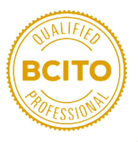 Gold circular badge with the text "QUALIFIED BCITO PROFESSIONAL" surrounding the bold letters "BCITO" at the center.
