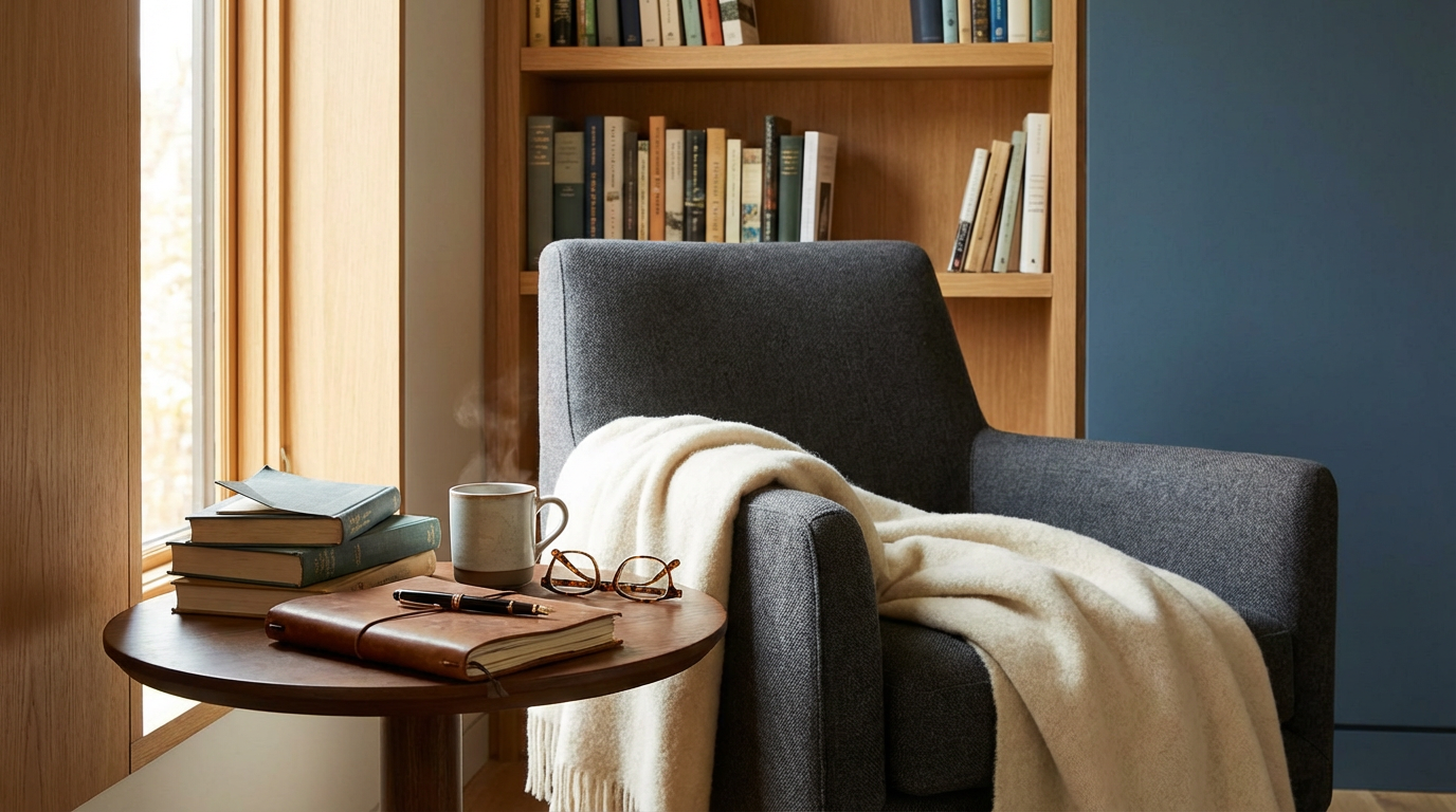 Cozy reading nook with a gray armchair covered by a cream blanket, next to a wooden side table with stacked books, a mug, glasses, and a journal; a bookshelf with books and a window letting in natural light.