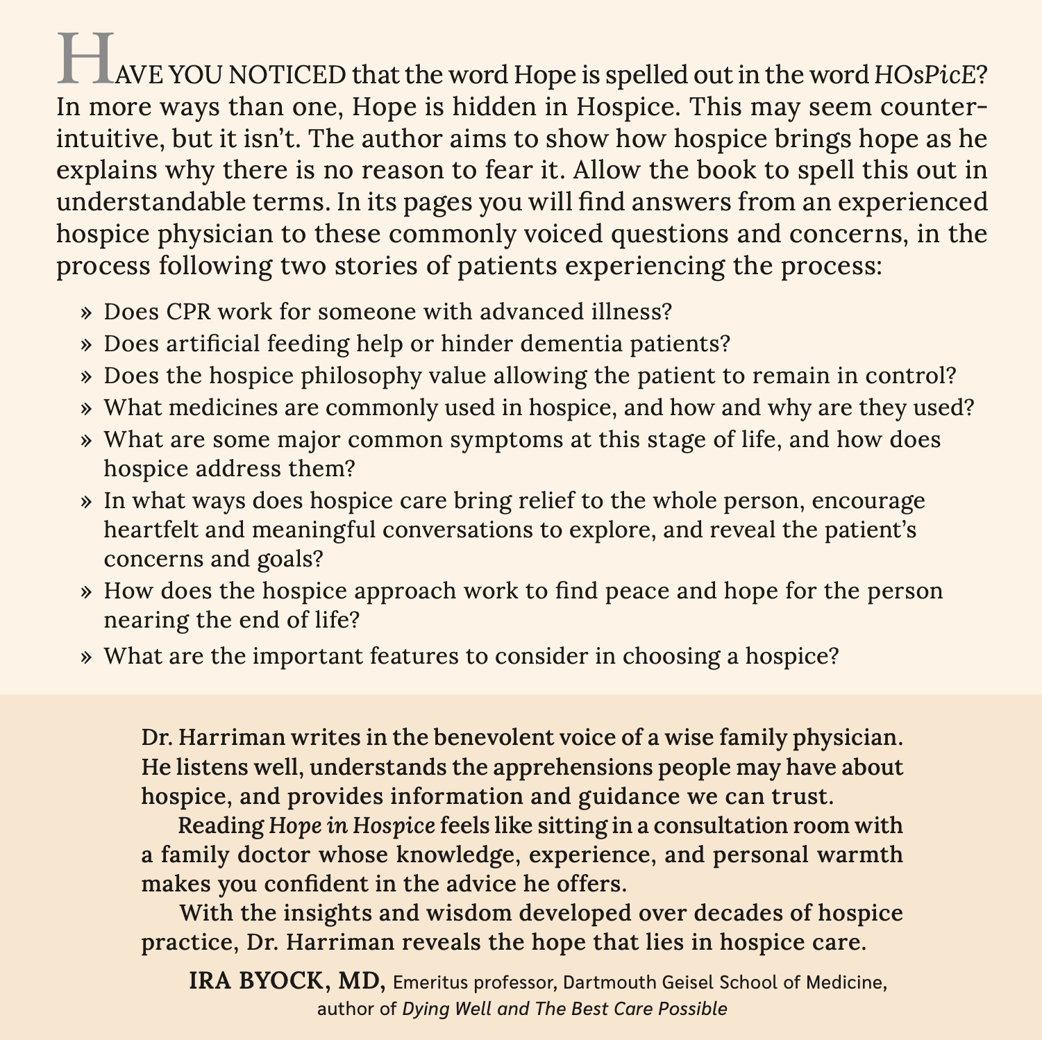 Back cover with text discussing hospice, hope, and end-of-life care, mentioning Dr. Gerald Harriman, with a beige background and black font.