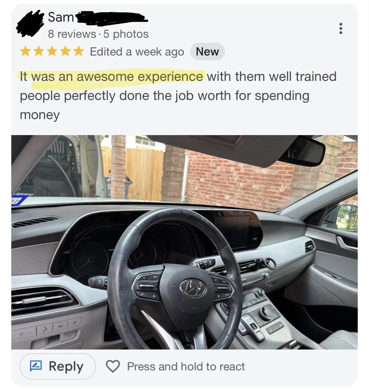 Review, "it was an awesome experience with them well trained people perfectly done. The job was worth it for spending money."
