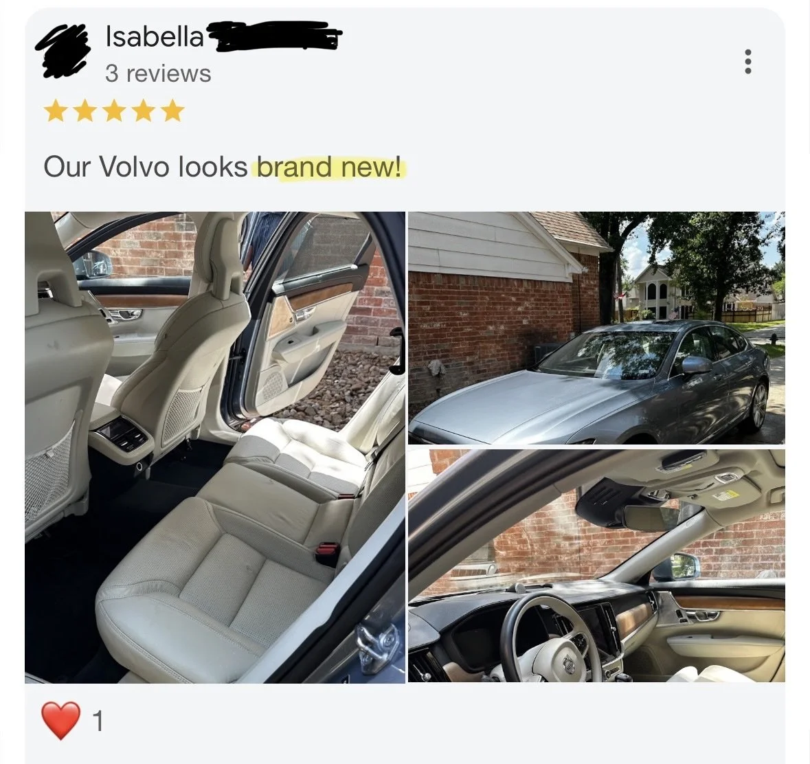 Review, "our Volvo looks brand new" with pictures of the inside and outside of a clean pretty volvo