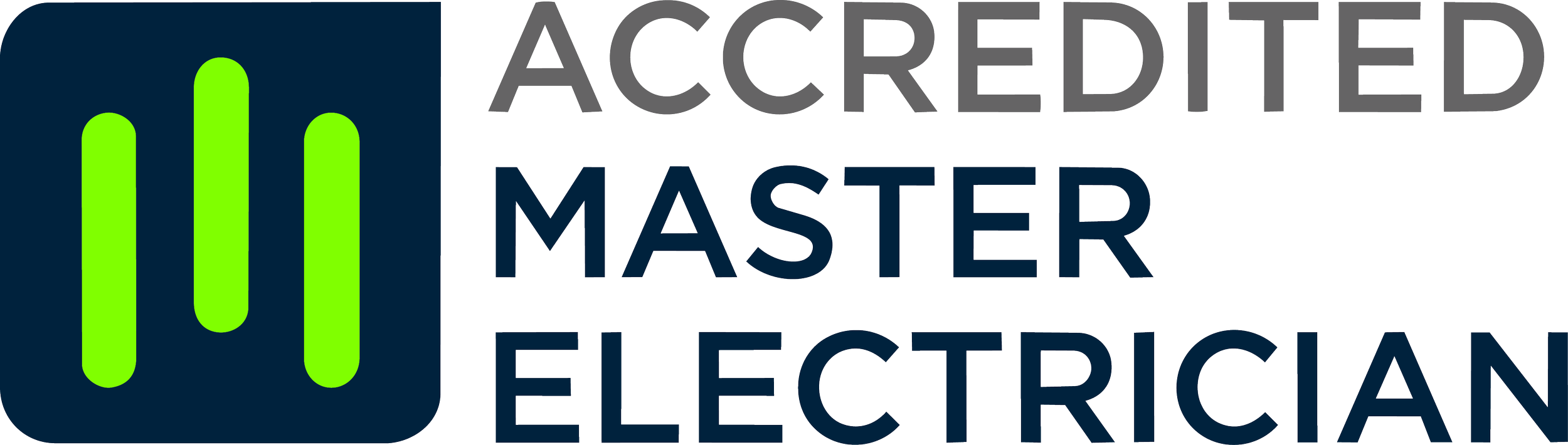 A logo with three vertical green bars on a dark blue background next to the text 'Accredited Master Electrician' in large gray and black font.