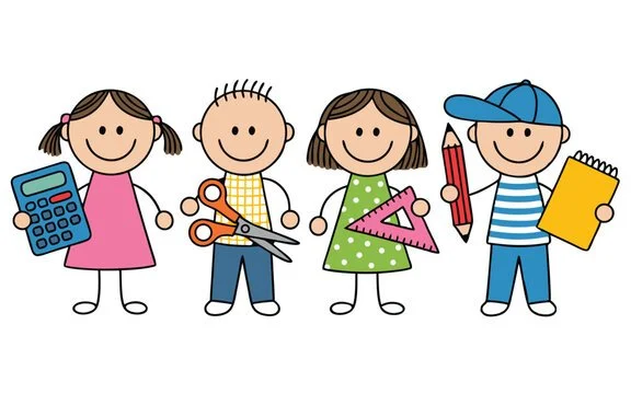 Four children holding school supplies, like a calculator, scissors, a ruler, a pencil, and a notepad.