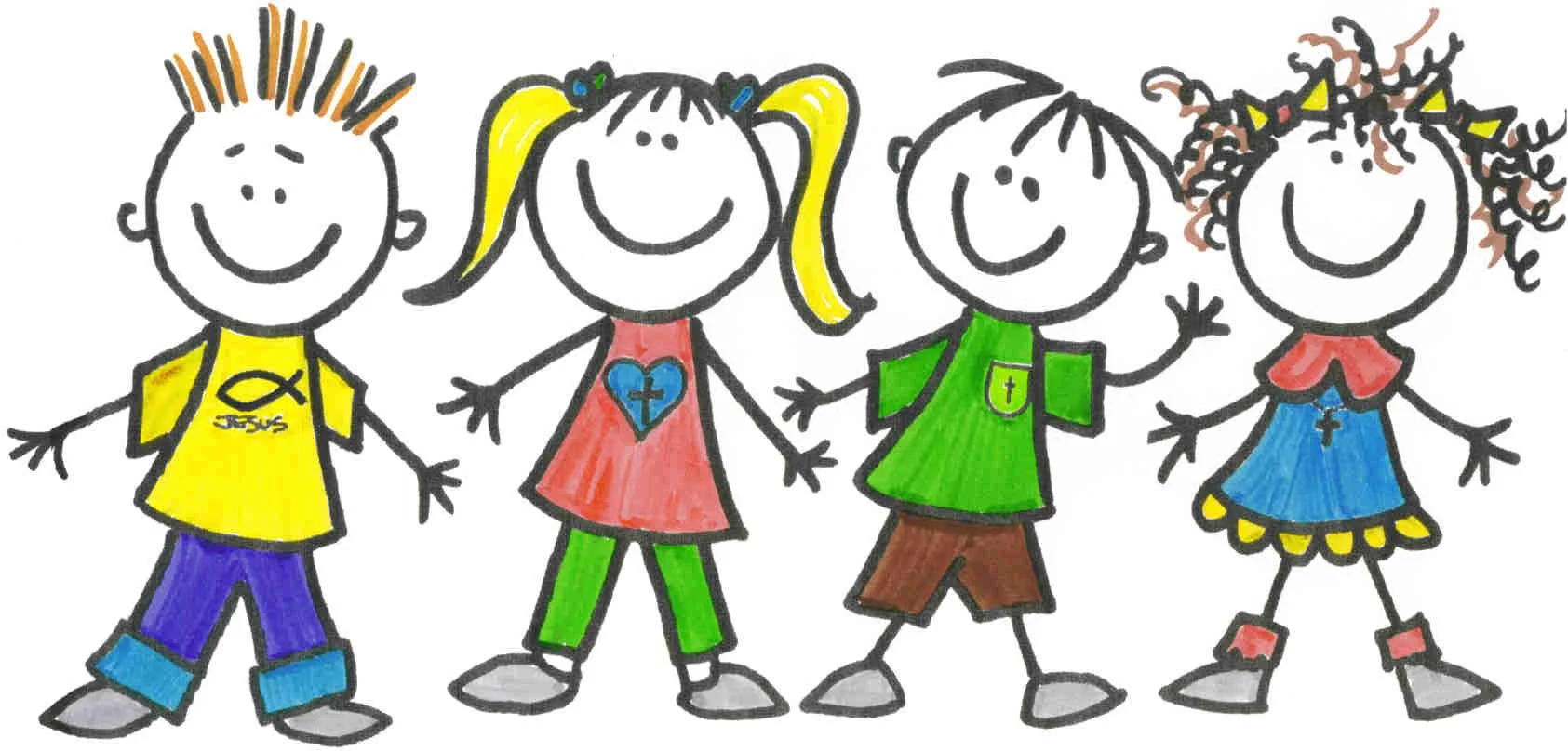 Drawing of four smiling children holding hands, each with unique colorful clothing and hairstyles.