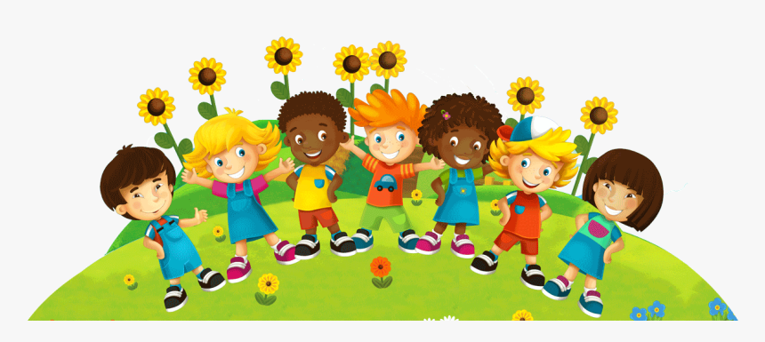 Seven cartoon children standing on a grassy hill with sunflowers and small flowers, smiling and holding hands.