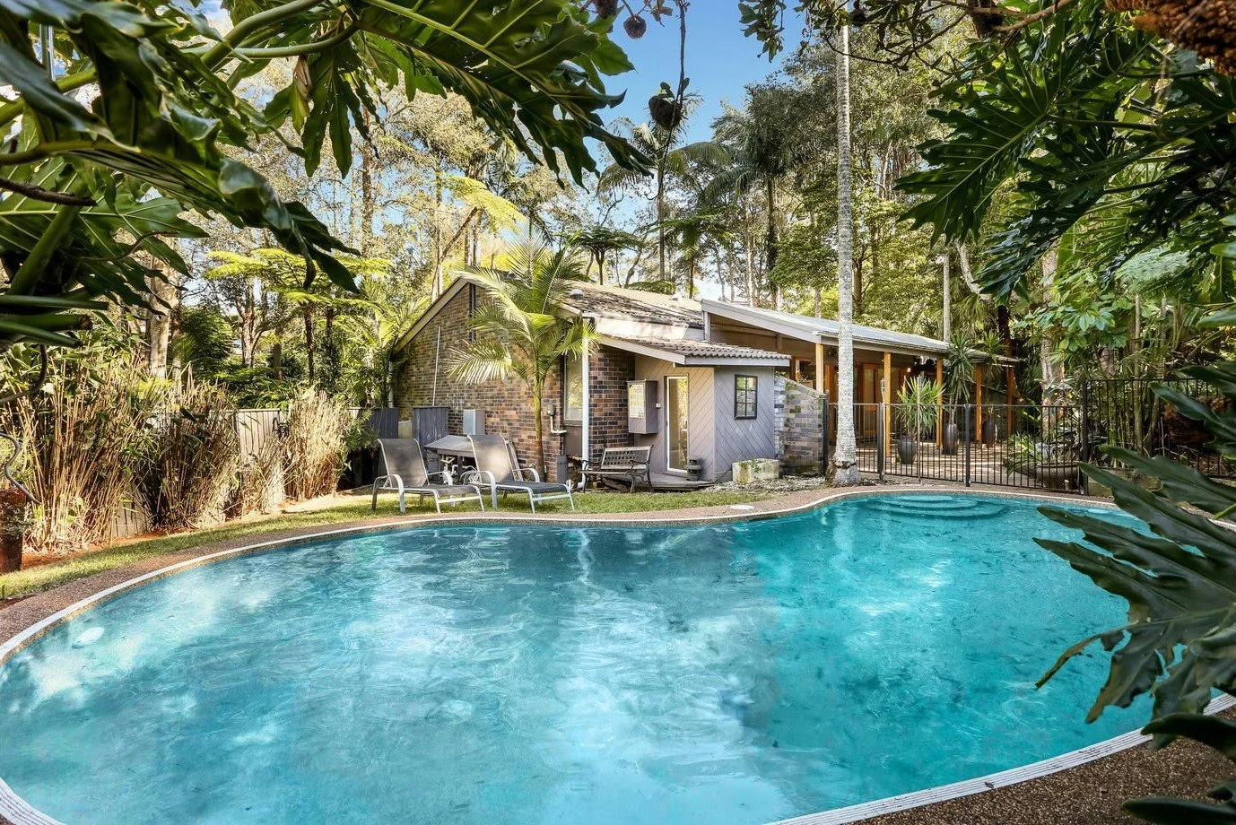 A backyard with a swimming pool surrounded by tropical plants, lounge chairs, and a house with a brick and wooden exterior in the background.