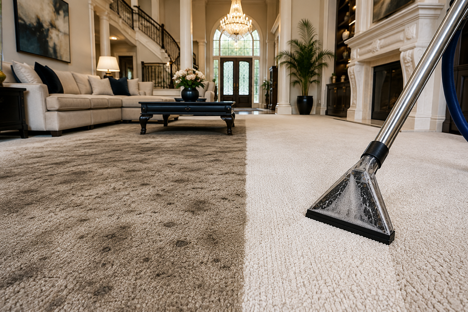A vacuum cleaner is cleaning a half-and-half carpet in a luxurious living room with a chandelier, large windows, and ornate fireplace.