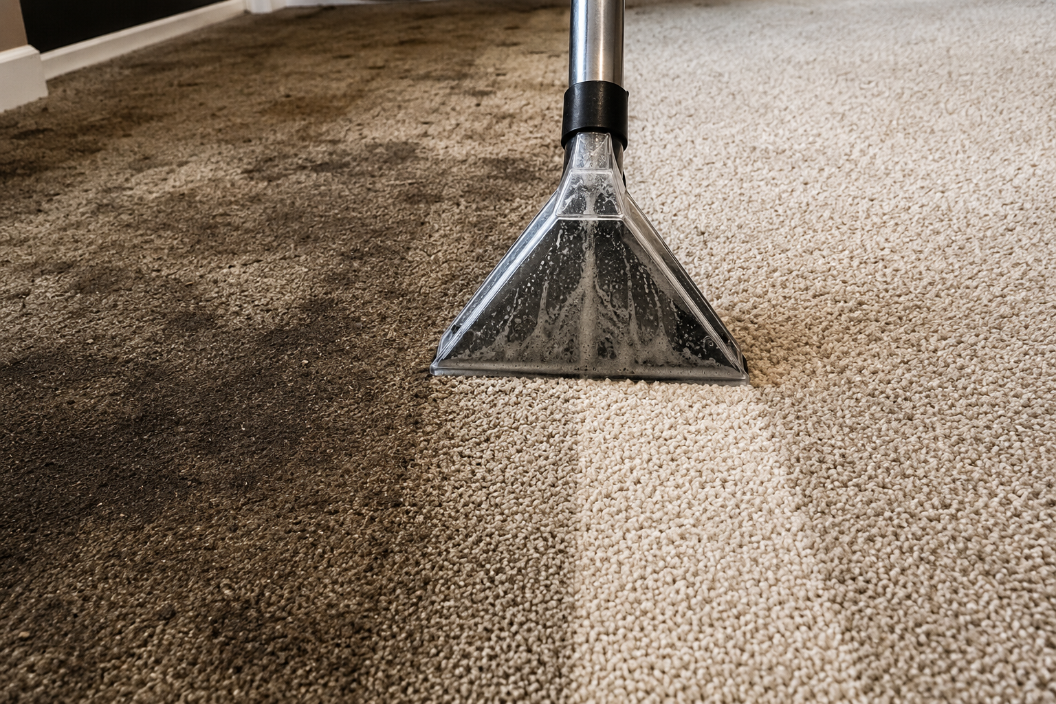 A vacuum cleaner head cleaning a carpet, showing a split view of a dark brown and beige carpet.