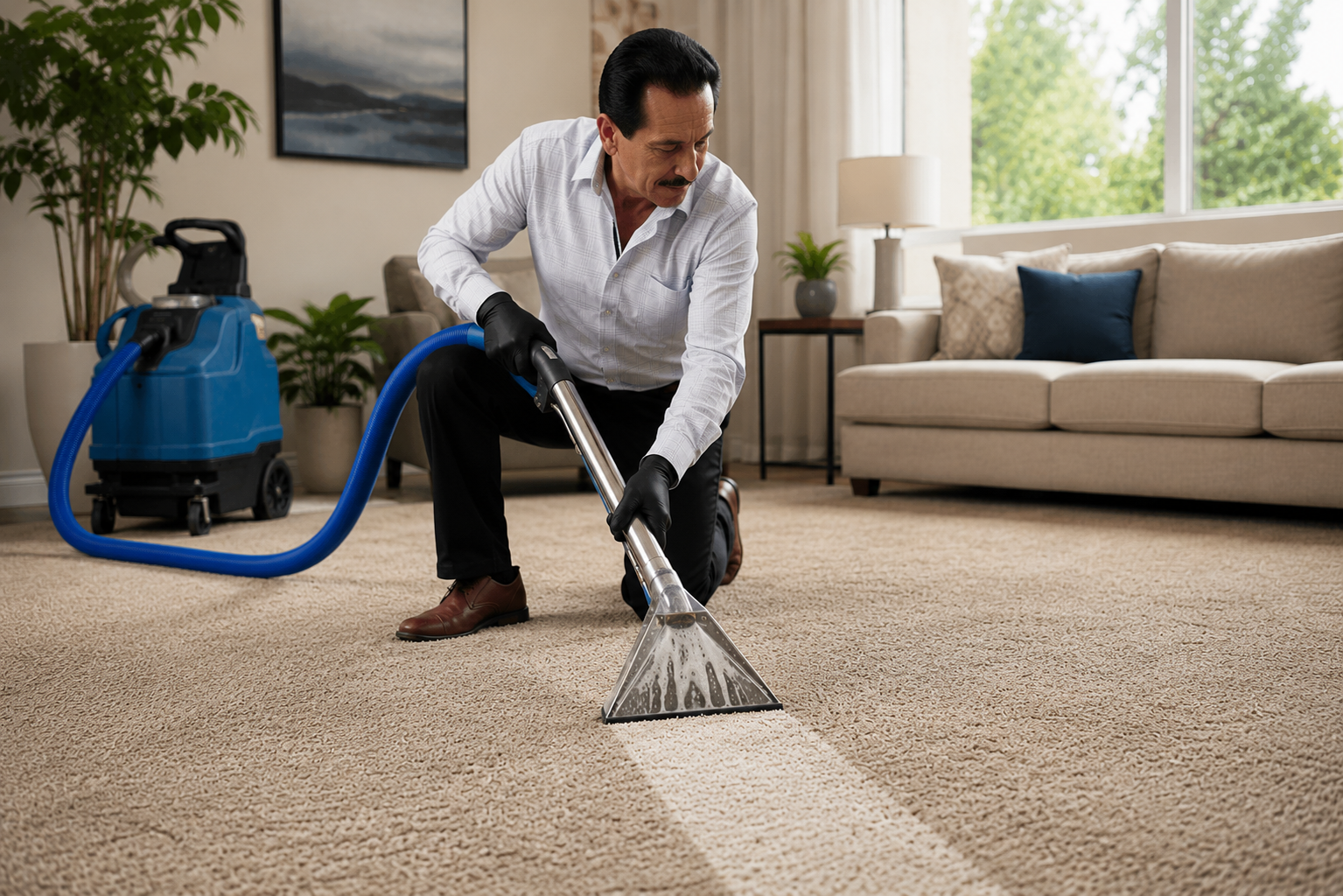 Man vacuuming a beige carpet in a living room with a vacuum cleaner.