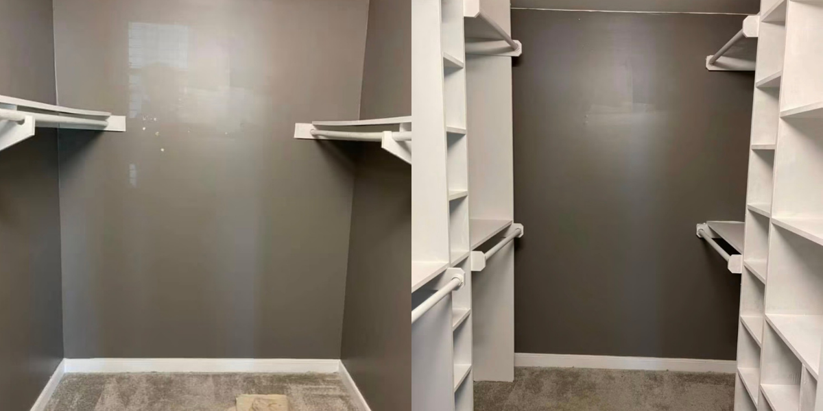 Before and after images of a walk-in closet, showing an empty space with gray walls and white shelves installed on both sides after shelving was added.
