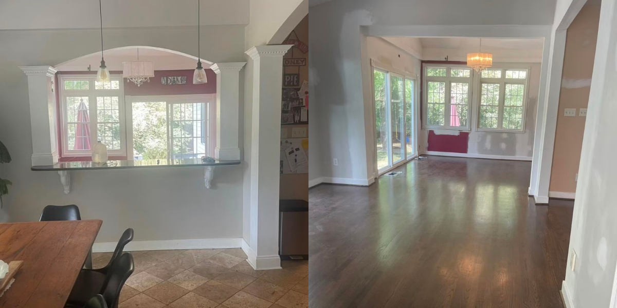 Comparison of two views of a room; the left shows a dining area with a window, chandelier, and pink window frame, the right shows an empty living space with large windows, hardwood floors, and sliding glass door.