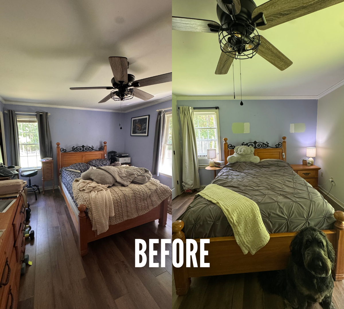 Comparison of a bedroom before and after cleaning and redecorating. The bed is centered in both images with a wooden headboard and two windows behind it. In the before image, the bed is unmade and cluttered, and in the after image, the bed is made with a stuffed animal on top. The room appears brighter and more organized in the after photo. A dog is sitting near the foot of the bed in the after picture.