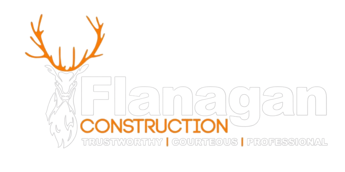 Logo for Flanagan Construction featuring a white deer with orange antlers and the text 'Flanagan Construction' with the words 'Trustworthy,' 'Courteous,' 'Professional' underneath.