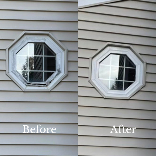 Side-by-side comparison of a decorative octagonal window on a house's exterior wall, showing a before and after cleaning or restoration. The window has a white frame and beige siding background.