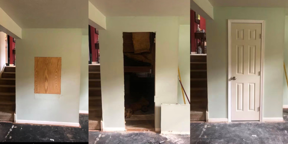 Sequence of three photos showing a wall with a staircase on the left side. The first photo displays a wooden panel attached to the wall. The second photo shows an opening cut into the wall revealing an attic or crawl space with insulation and wooden beams. The third photo shows the same wall with a closed white door in place of the opening.
