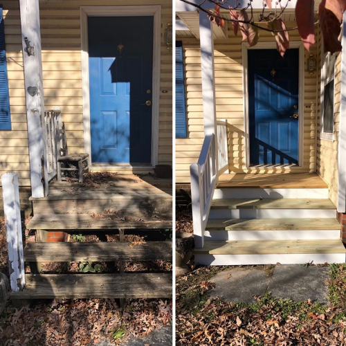 Side-by-side comparison of a house entrance. The left shows old, weathered wooden stairs with dirt and a small weathered chair, while the right shows new, painted wooden stairs with a white railing and clean steps, leading to a blue front door.