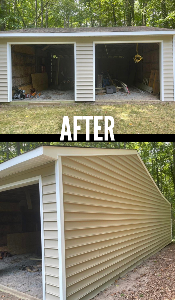 Side view of a garage that has been renovated with new beige vinyl siding, replacing the old siding. The garage doors are open, revealing inside storage with some tools and construction materials.