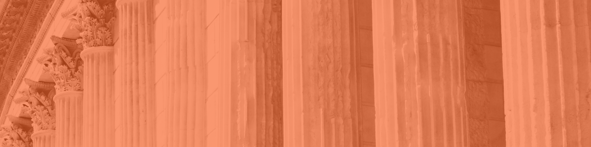 Close-up of a row of large, ornate Ionic columns in a classical building, with detailed capitals and fluted shafts.