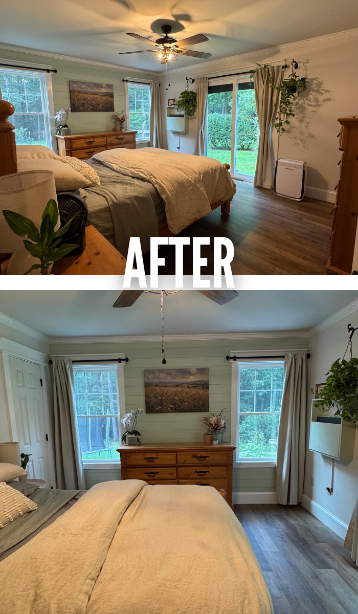 Comparison of bedroom before and after decor update, featuring a wooden dresser, framed artwork, windows with curtains, and greenery.