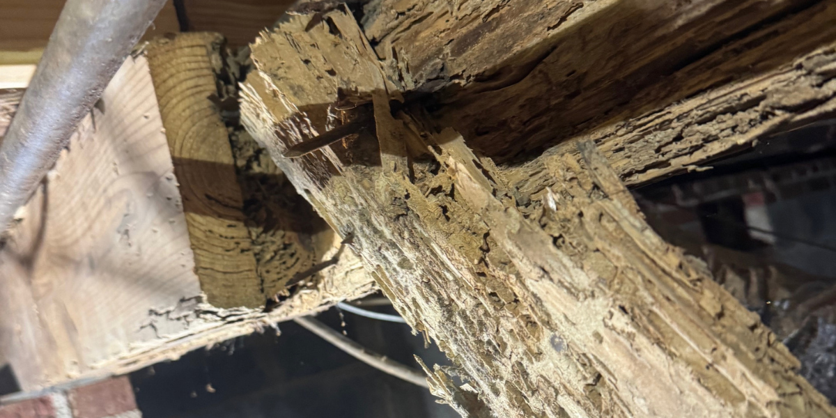 Close-up of decayed and damaged wooden beams.