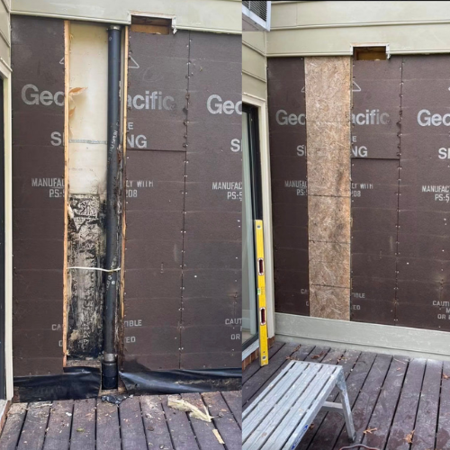 Side-by-side comparison of a building wall before and after repair. The left shows damaged wall with soot and missing material around a pipe; the right shows the repaired wall with new insulation and siding, and a small wooden deck.