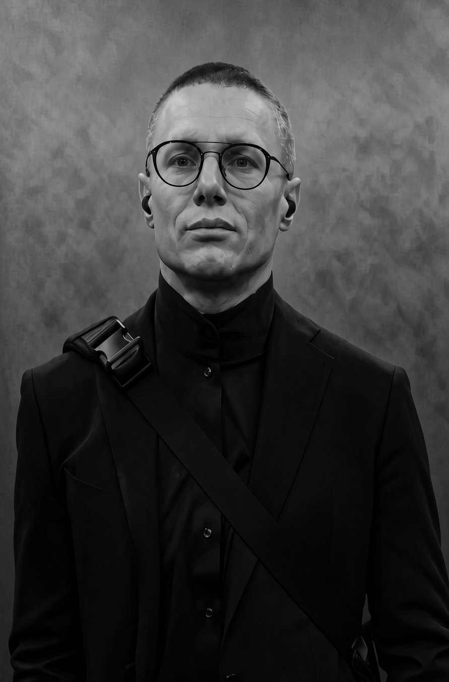 A black and white portrait of a man with glasses, short hair, wearing a dark suit and turtleneck, with a strap over his shoulder, against a plain background.