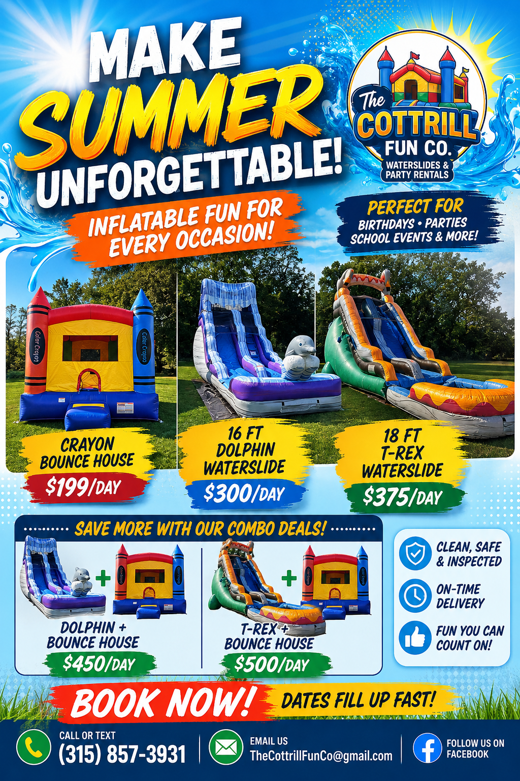 A colorful advertisement for The Cottrill Fun Co. outdoor water slides and inflatables rental service. It highlights options for a bounce house, waterslides, and combo deals, with prices and contact information.