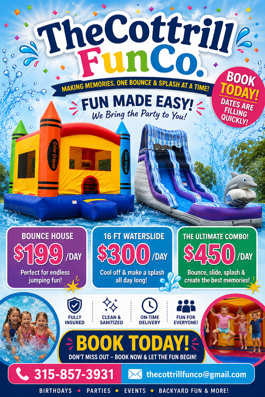 The Cottrill Fun Co. Menu Advertisement Waterslide Bounce House Price