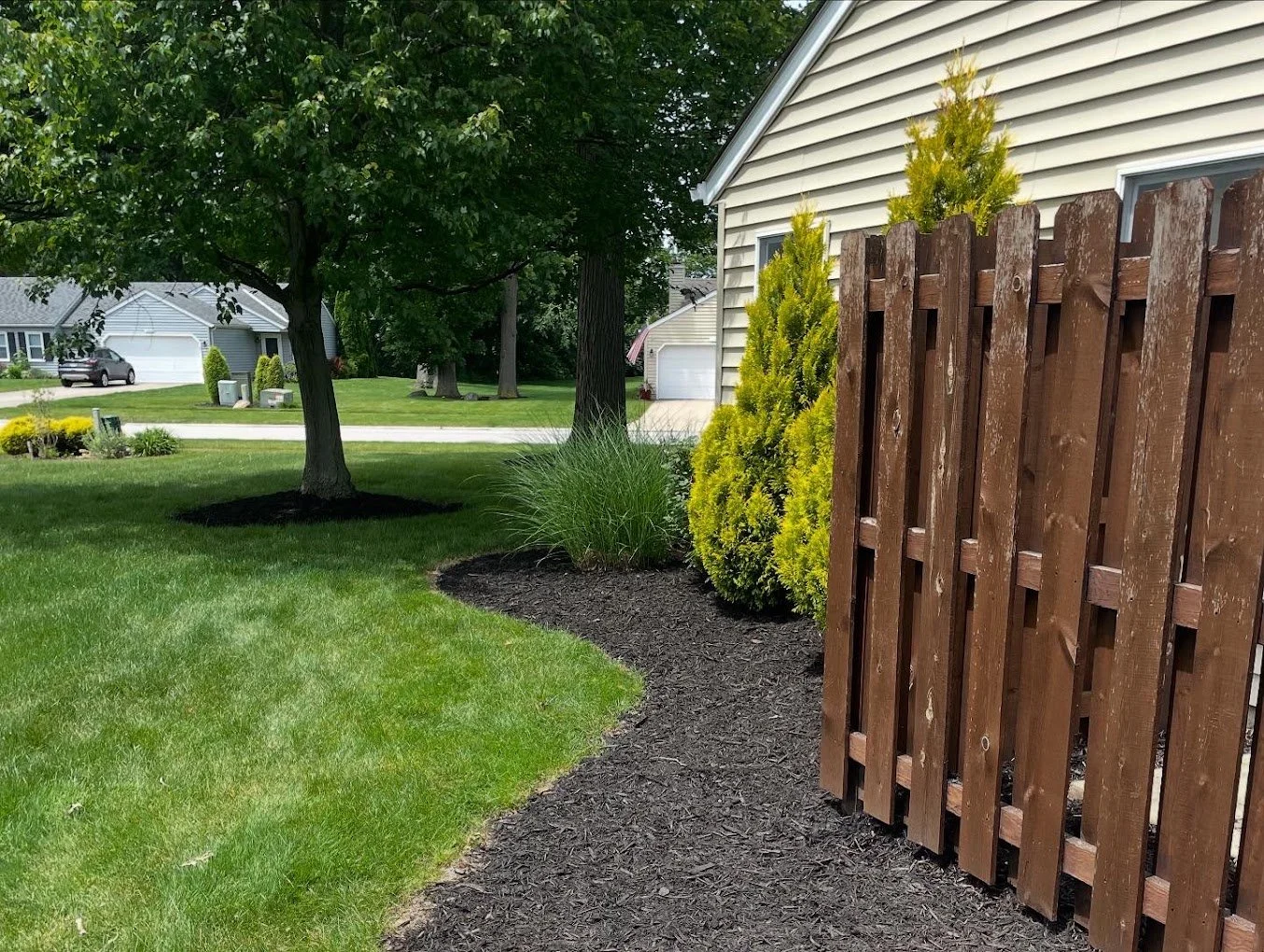 A backyard garden with a black mulch border, green grass, and bushes near a house with beige siding and a wooden fence.