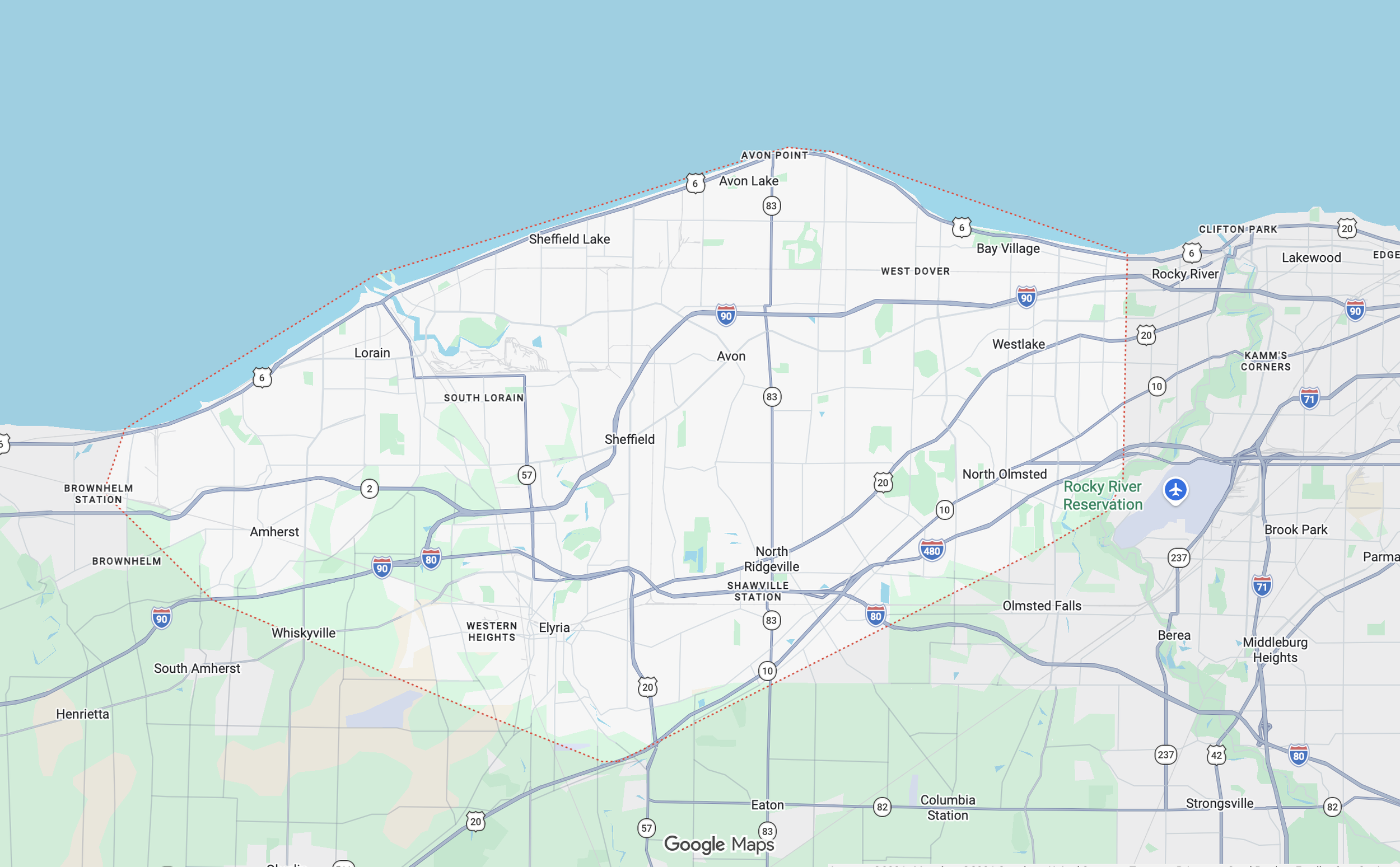 Map of northern Ohio showing cities Lakewood, Rocky River, North Olmsted, and Elyria, with Lake Erie to the north, roads, and highways.