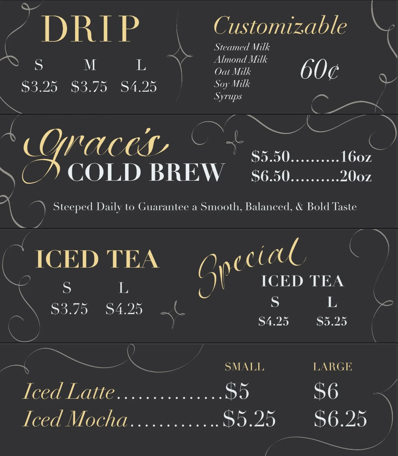 custom graphic design cafe Menu signs for Grace's Marketplace in NY