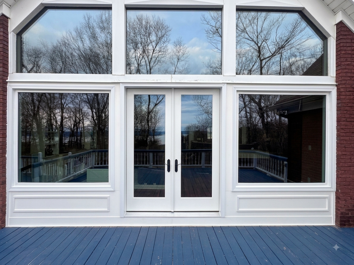 White French doors centered in a large wall of windows