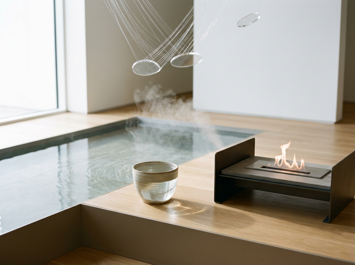 Indoor scene featuring a tabletop with a lit tabletop fireplace, a ceramic bowl, and decorative discs hanging above, near large windows and a pool or water feature.