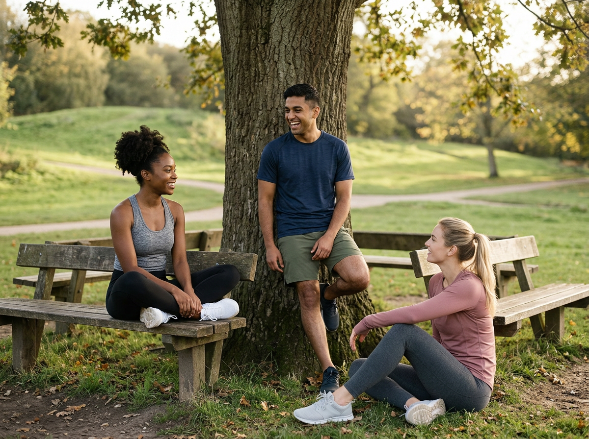 Three friends enjoying an outdoor conversation in a park. Two women are sitting on a bench, and a man is leaning against a tree between them, all smiling and engaged in conversation amidst green trees and grass.