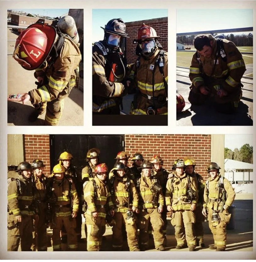 Group of firefighters in full gear standing outside a brick building, with smaller images of individual firefighters wearing helmets and masks preparing or resting.