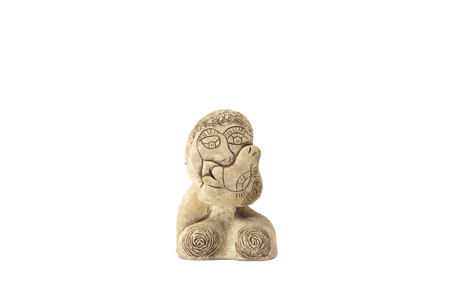 An ancient stone sculpture of a human face with stylized features, including large eyes, a broad nose, and a prominent chin, with spiral patterns on the chest area.