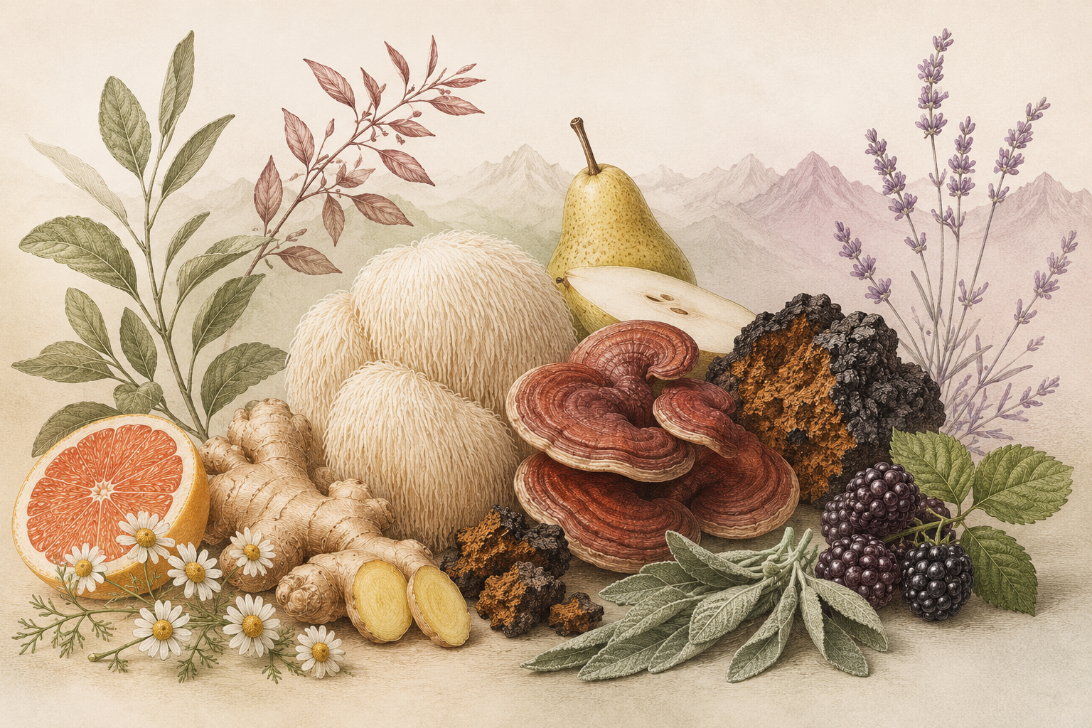 Functional mushrooms, citrus, berries, herbs, and botanicals with subtle Colorado mountain imagery.