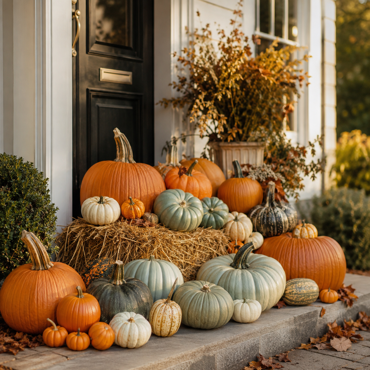 Display of assorted pumpkins in various sizes and colors on the front porch of a house, with autumn leaves and a potted plant in the background, decorated for fall.