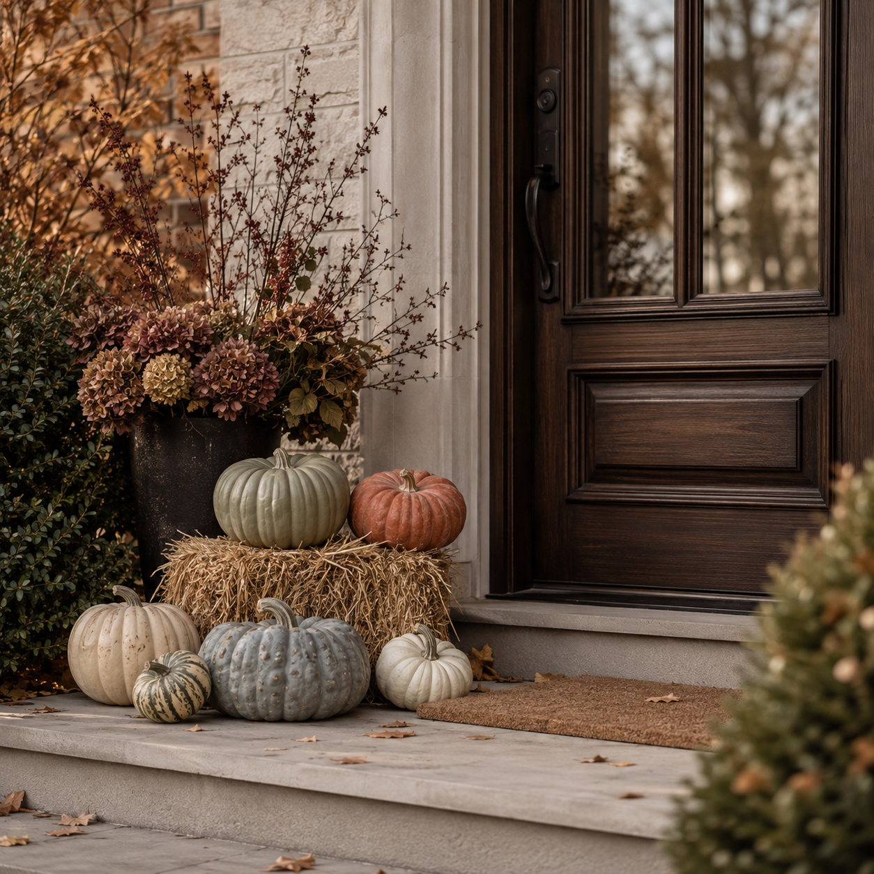 Decorative pumpkins and potted fall flowers on a doorstep during autumn.