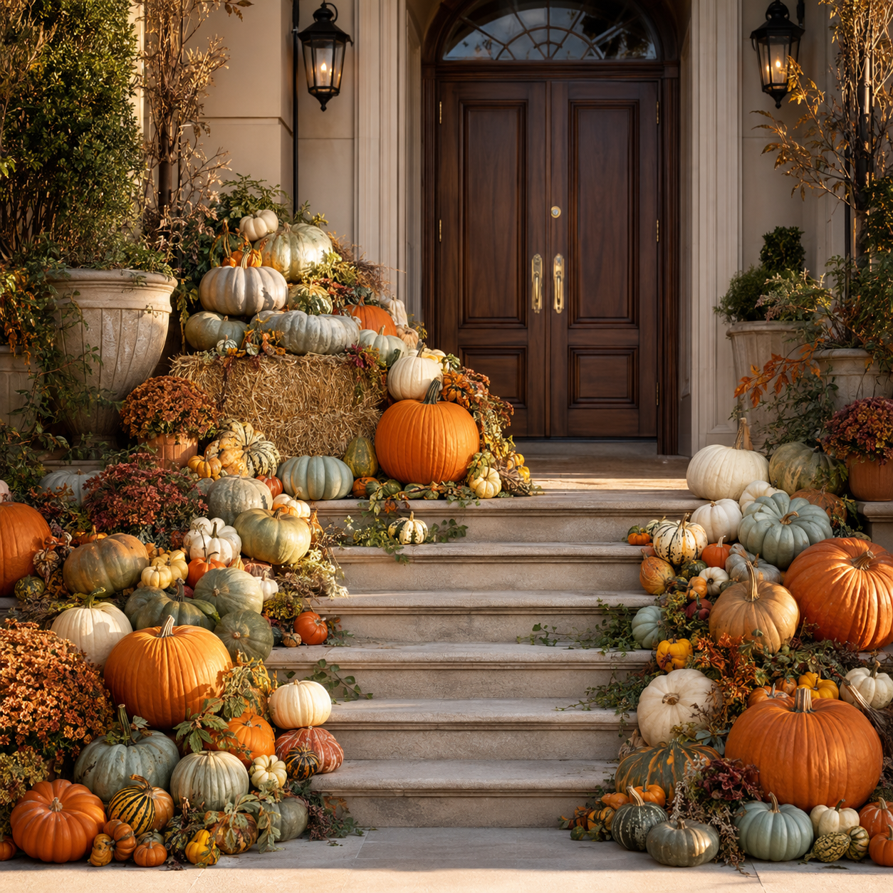 Front porch decorated with an array of pumpkins and fall foliage leading up to a closed wooden door with lantern-style lights on either side.