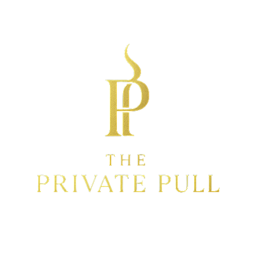 Logo of The Private Pull with a stylized letter P and a flame above it on a black background, in gold color