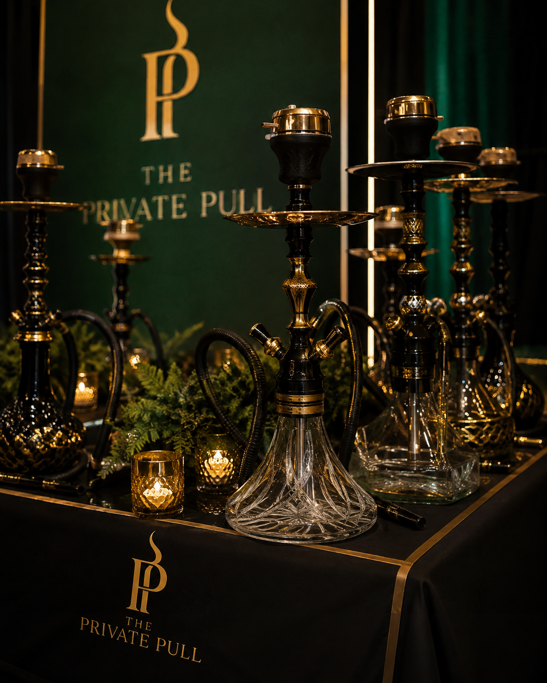 Elegant display of black and gold hookahs on a table decorated with greenery and candles, with a dark green backdrop reading "The Private Pull."