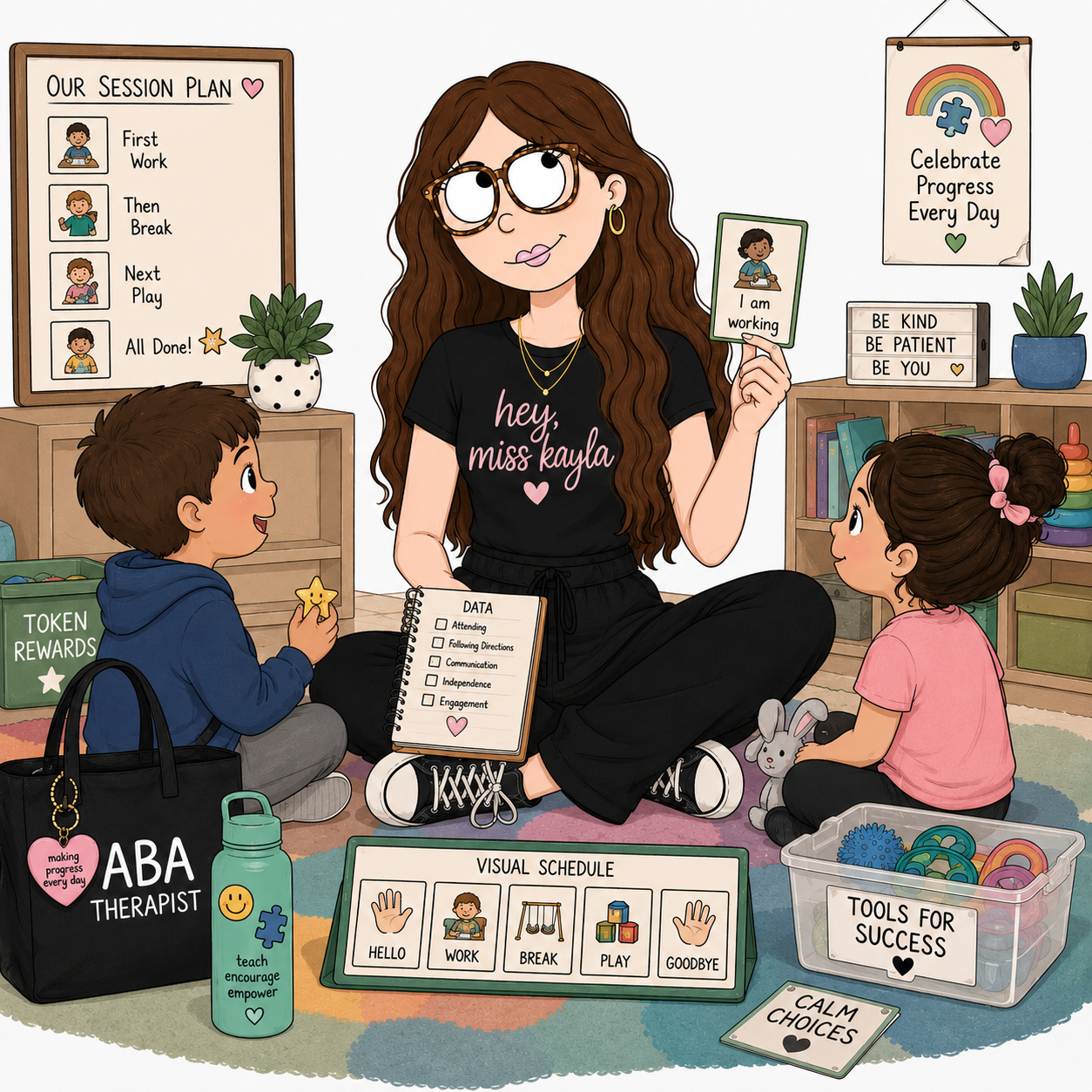 An ABA therapist, Miss Kayla, sitting on the floor with two children in a therapy room. She holds a card that says 'I am working.' The room has educational and motivational posters, a whiteboard with a session plan, toys, and tools for success. The children are engaged with toys, and the therapist's bag mentions making progress every day.