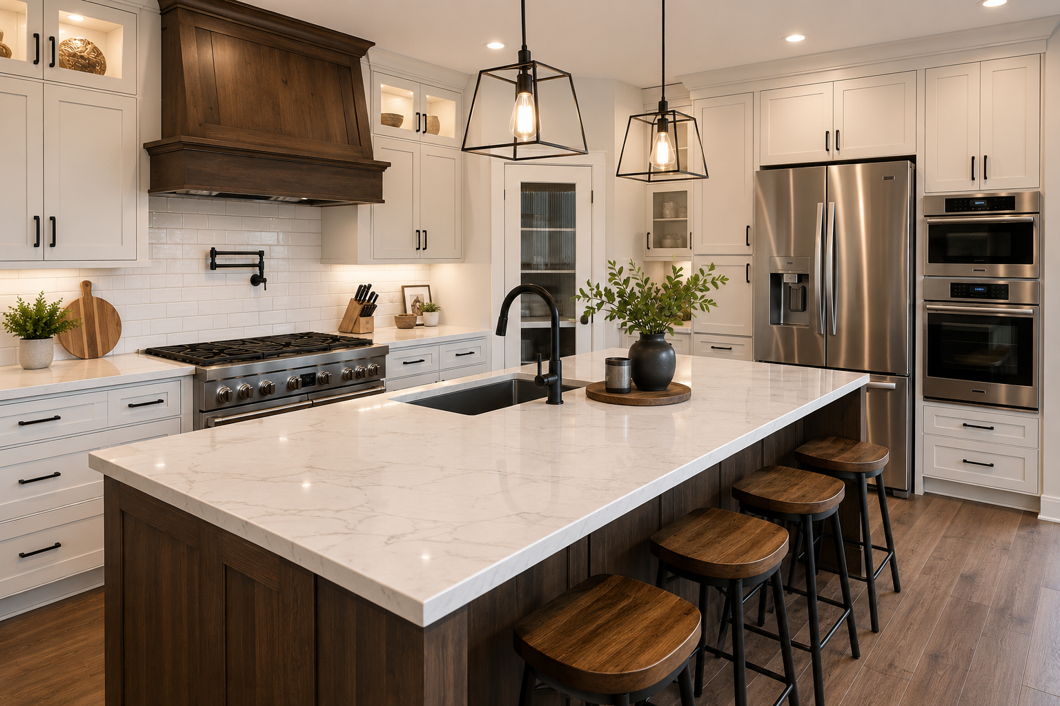 Modern kitchen with white cabinetry, stainless steel appliances, a large marble island, pendant lighting, and wooden accents.