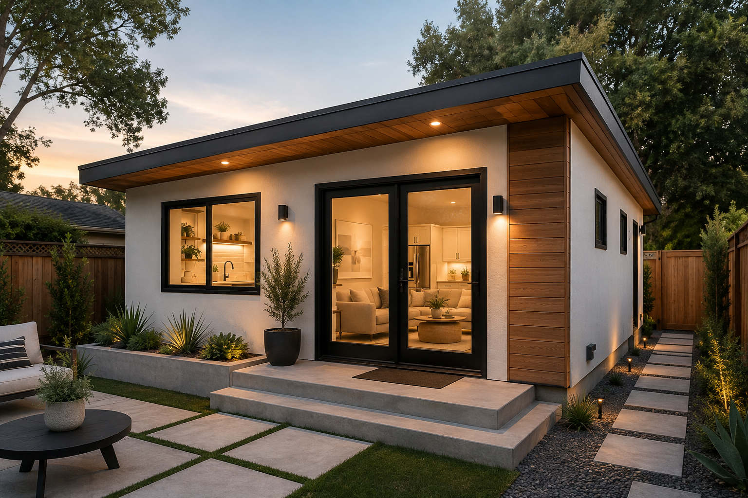 Modern small house with a garden and outdoor seating area, illuminated at sunset.