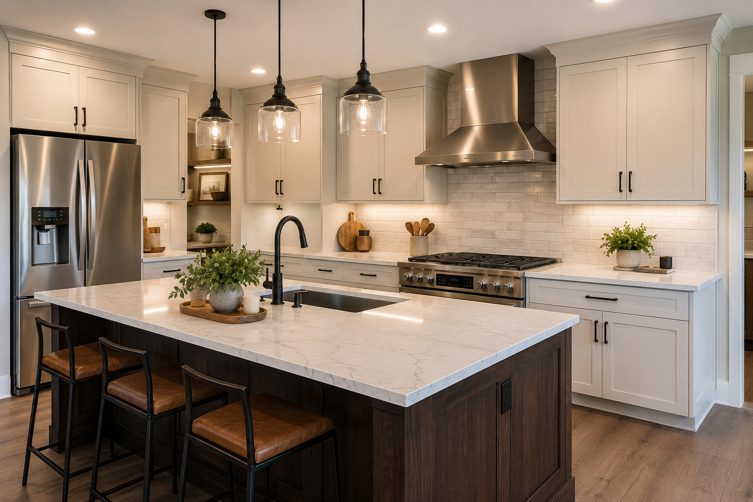 Custom kitchen remodeling project with large island, white cabinetry, and modern finishes by Crown Contractors.