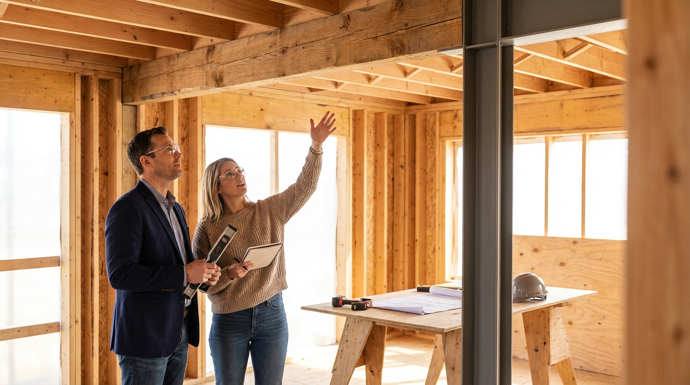 A man in a suit and a woman in casual clothing, both wearing glasses, examining a construction site with exposed wooden framing, and discussing plans or progress.
