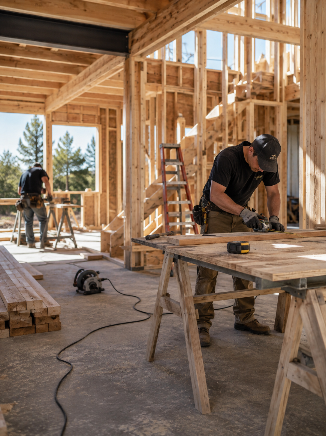 Two construction workers building a wooden house frame inside a partially framed house with large window openings, wooden stairs, and construction tools.