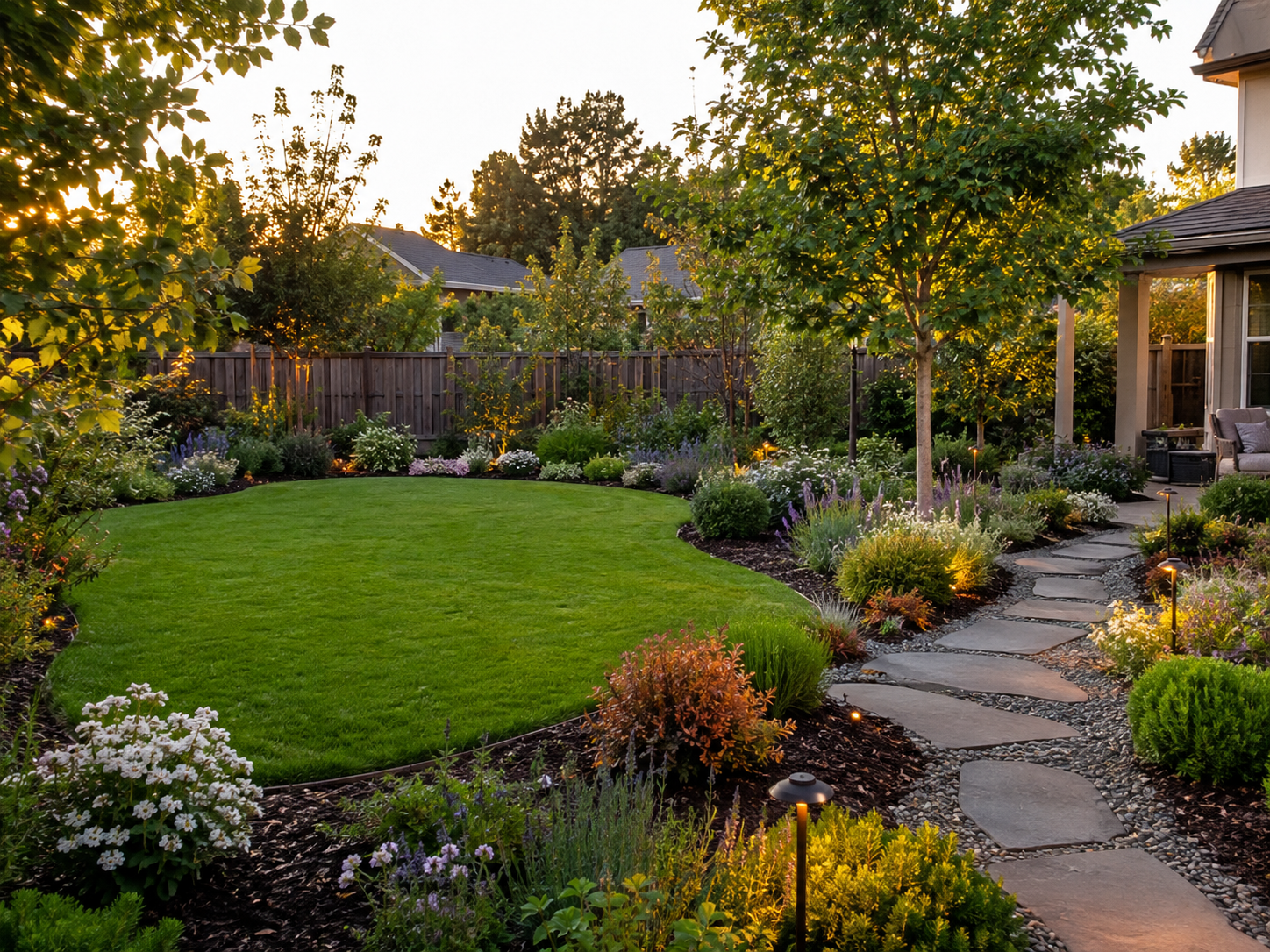 A well-maintained backyard garden during sunset with a circular lawn, stepping stone pathway, lush plants, trees, and landscape lighting.