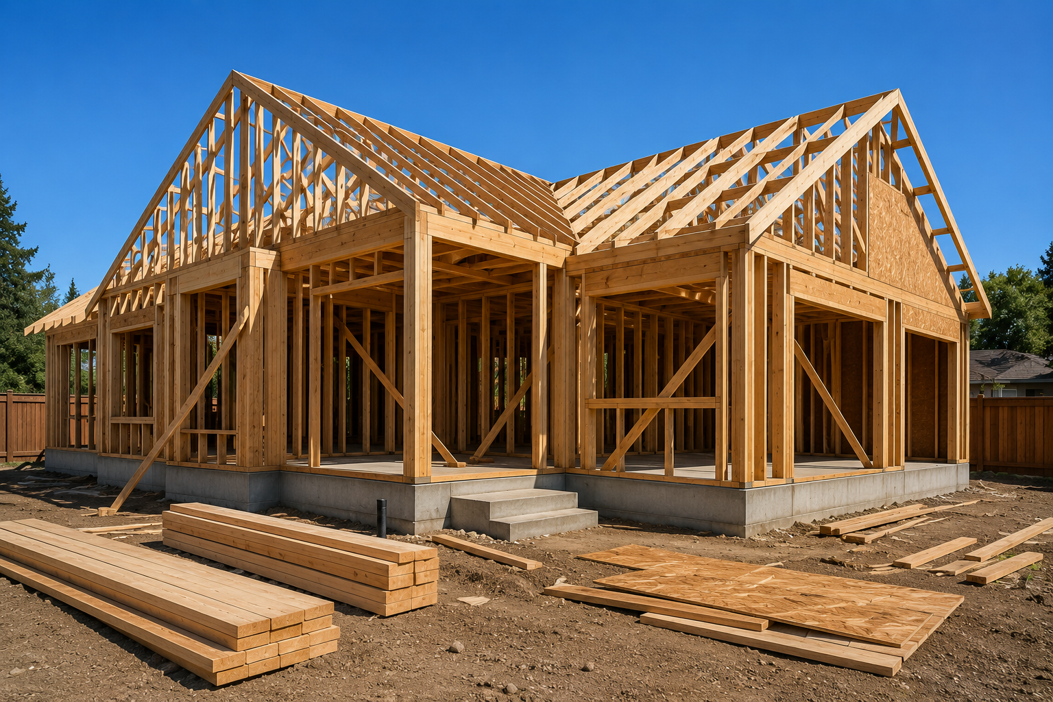 New home construction project with wood framing and roof structure by Crown Contractors in Northern California.